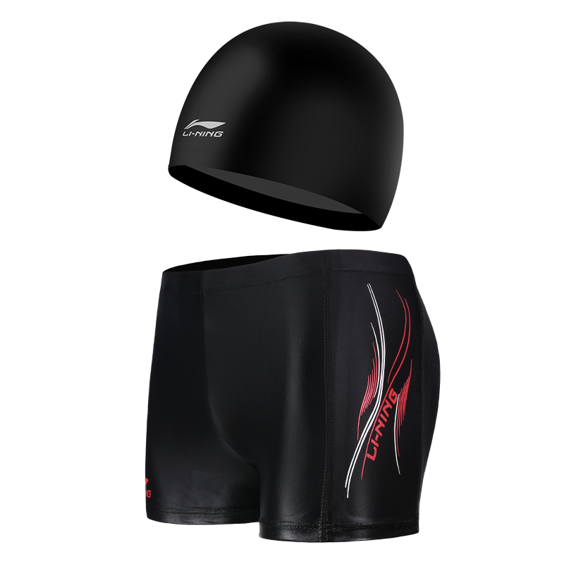 Li-Ning Men's Swim Trunks, Swimming Cap Set, Hot Spring Leisure Vacation Beach Shorts, Fabric Hat Set, 15-05 Black 2XL