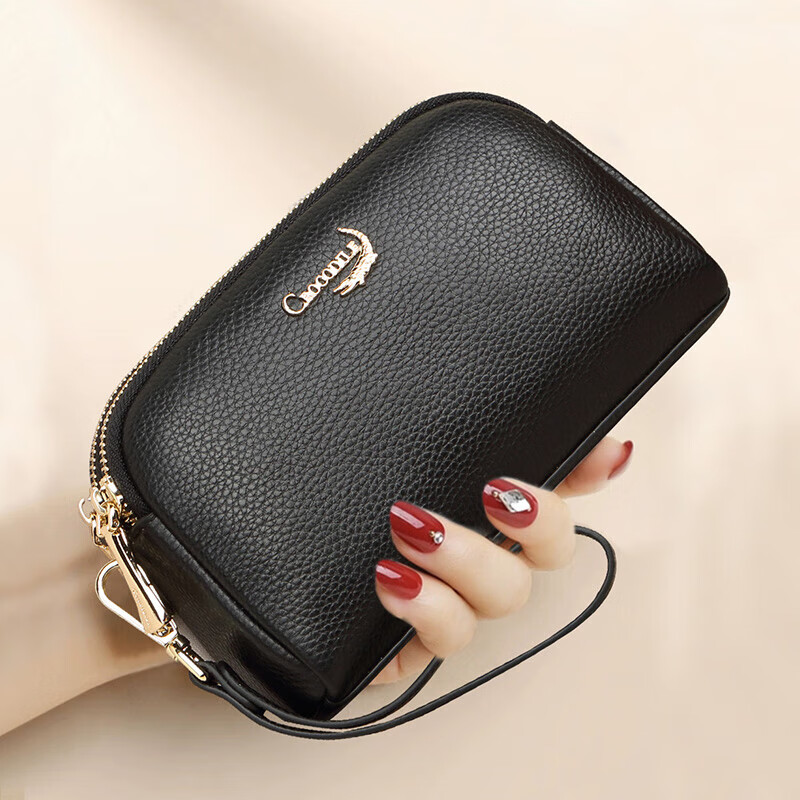 CROCODILE Goddess Festival Double Zipper Top-Grain Leather Wristlet, Women's Clutch Bag, Simple Long Wallet T2008 Black
