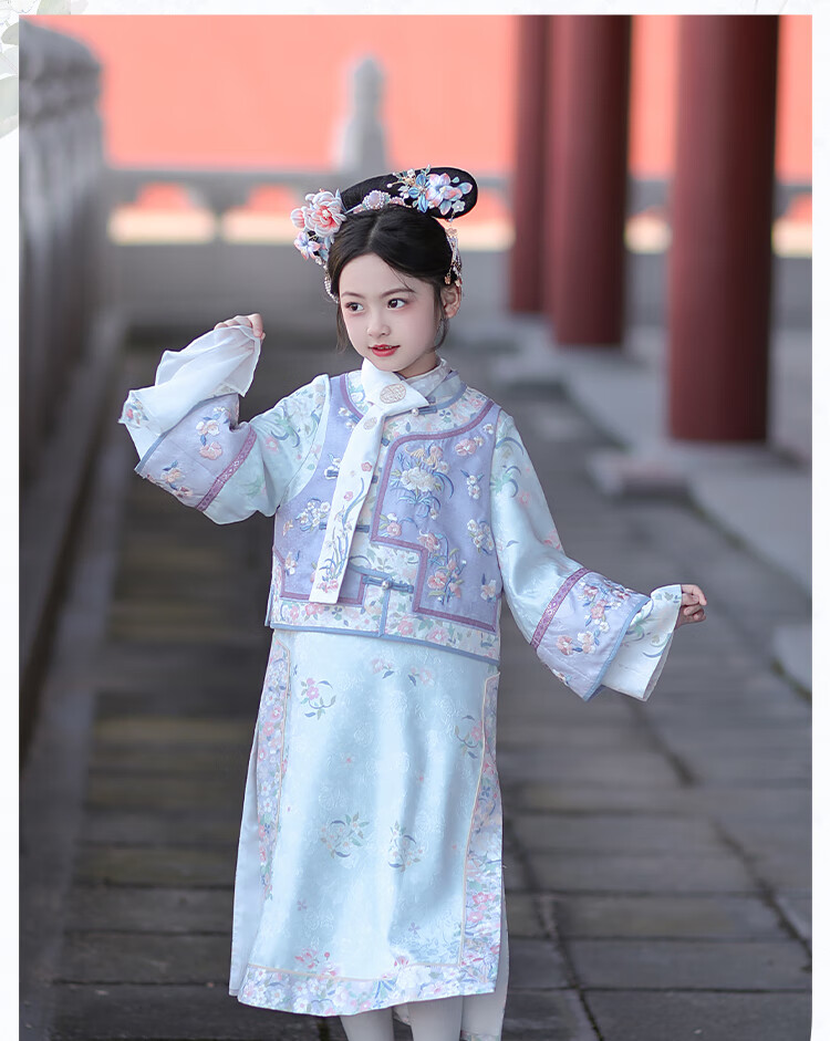 Qibo Girls' Cheongsam, Spring And Autumn Mid-Autumn Festival Children's Kindergarten New Hanfu, Blue-Purple + Neck Scarf, Size 130 19