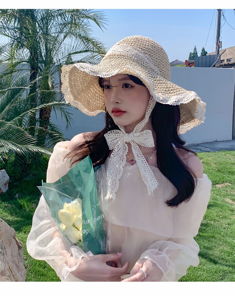 FitonTon Women's Summer Sun Hat Beach Outdoor Straw Hat Korean Style Travel Sun Hat with Tie Hollow Lace Edge Straw Braided Hat 19