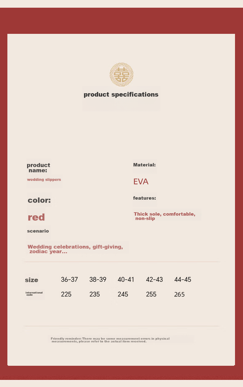 GUOLUOFEI Wedding Slippers with Squatting Feel, EVA Material, for Men And Women, Summer Red Color, Festive, Zodiac Year, High-End Dowry, Red, Size 38-39 8
