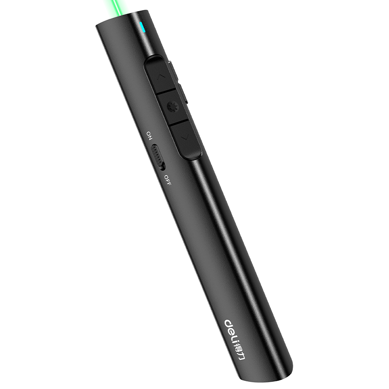 Deli Laser Pointer, Rechargeable Teaching Pointer, PPT Page Turner Remote Control Pointer, Wireless Laser Presentation Pointer Page Turner, Green Light, Black, 2801G