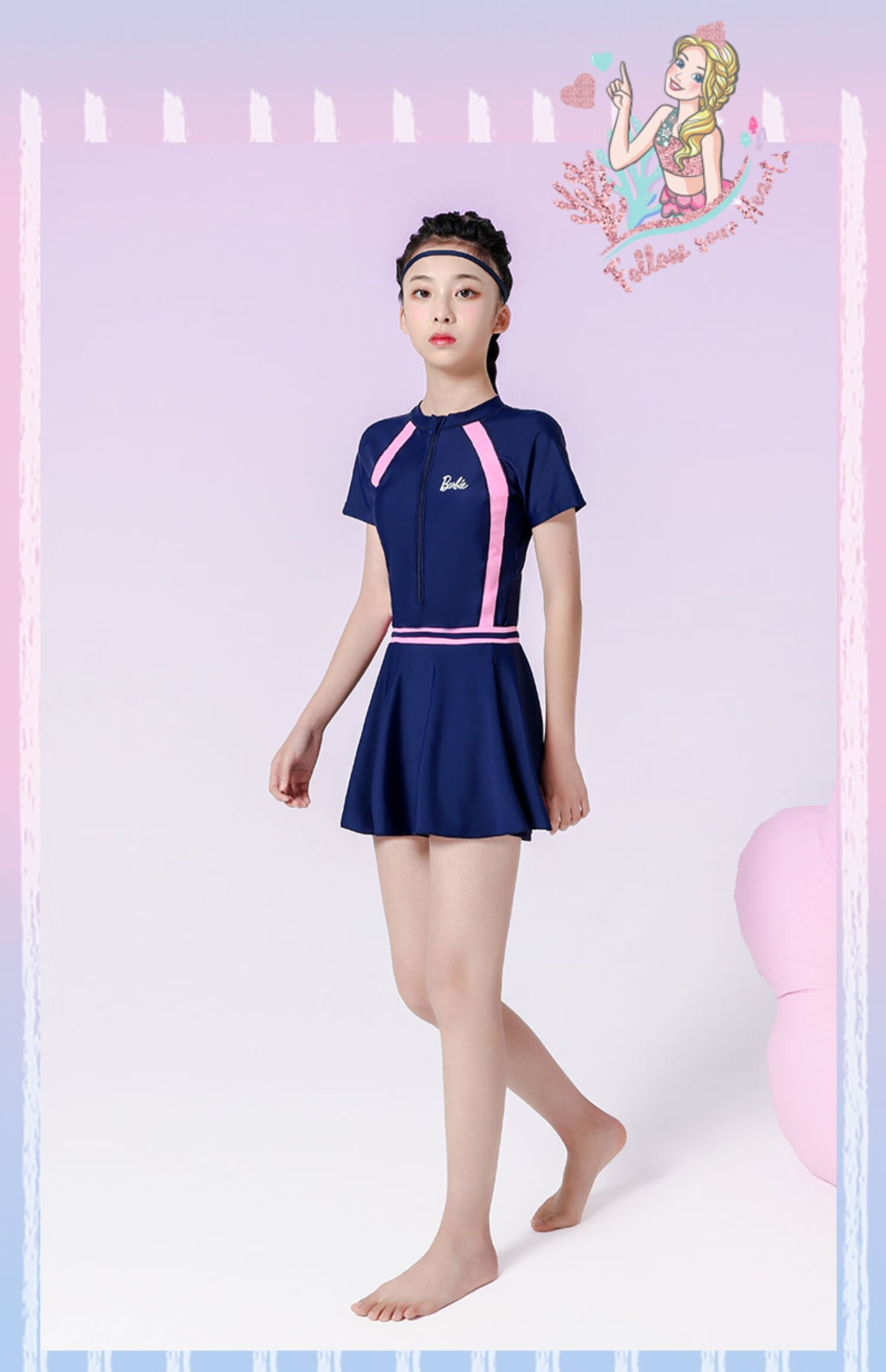 Barbie Children's Sun Protection Swimsuit One-Piece Dress for Older Girls, Conservative Swimwear for Elementary, Middle And High School Training for Young Wome 24
