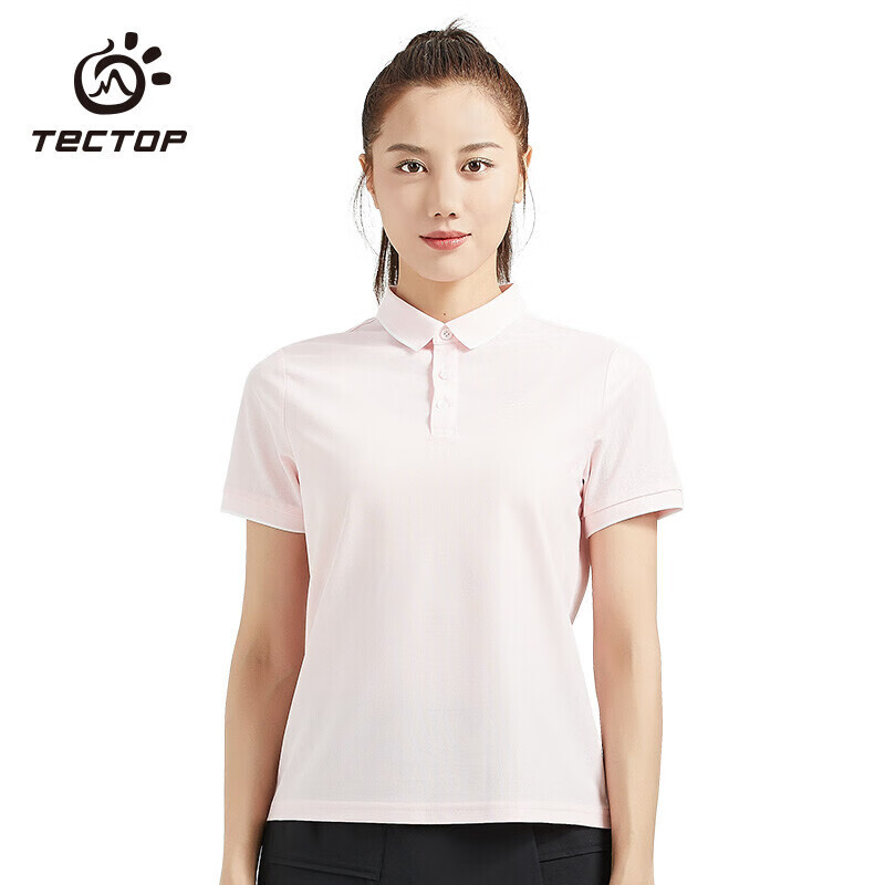 TECTOP Quick-Dry Shirt, Women's Outdoor Solid Color Stand-Collar Short-Sleeve Sports Polo Shirt, Moisture-Wicking Casual T-Shirt DJB623006, Women's Light Pink 2XL