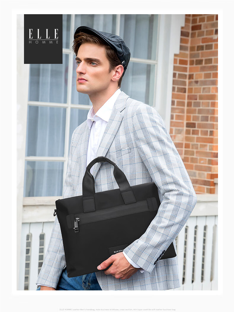 ELLE HOMME Business Men's Briefcase, Nylon Canvas Shoulder Crossbody Bag, Handheld Laptop Bag for Men, 06810 Black 4