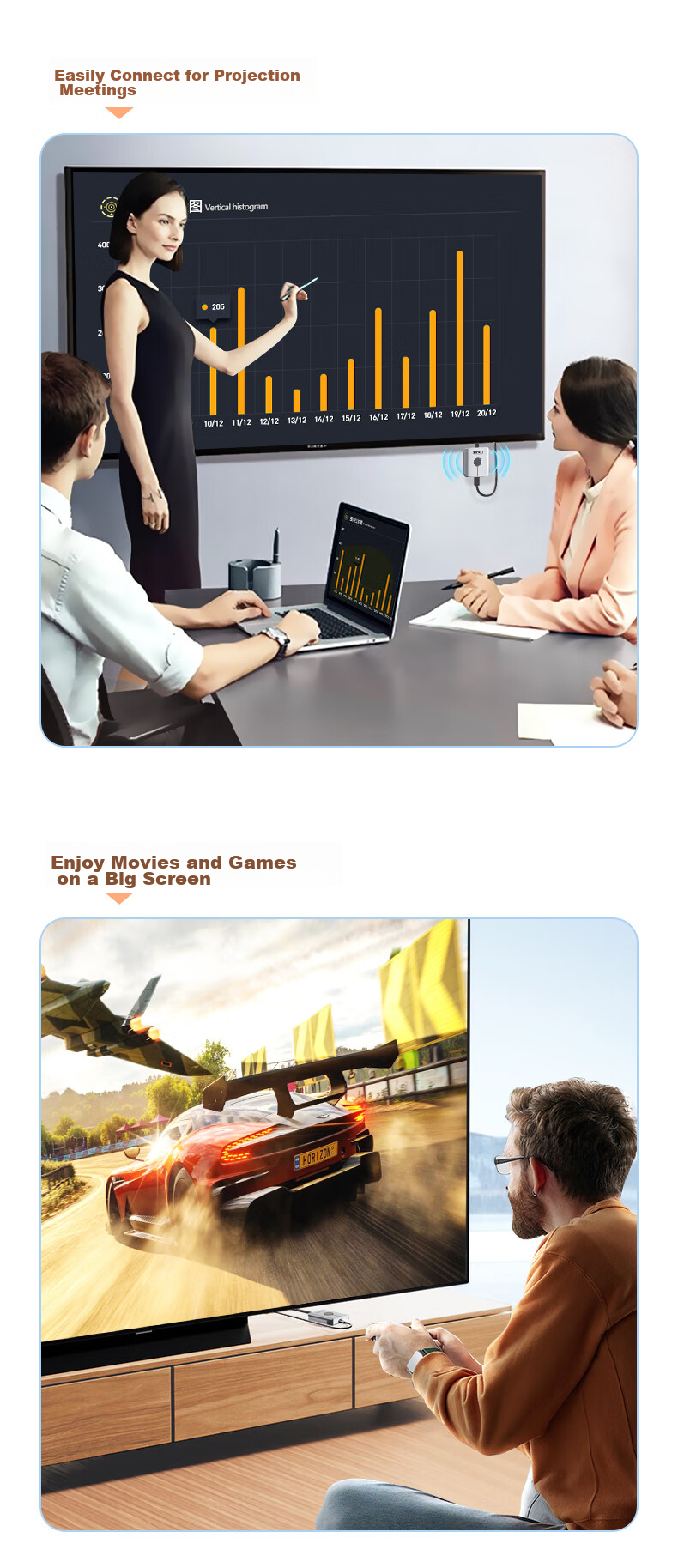 UNITEK Wireless Screen Mirroring Device, HD HDMI Universal 5G Transmission Audio And Video Synchronizer, Supports Apple Huawei Android Phones Direct Connection to Computer Monitor TV Projector 9