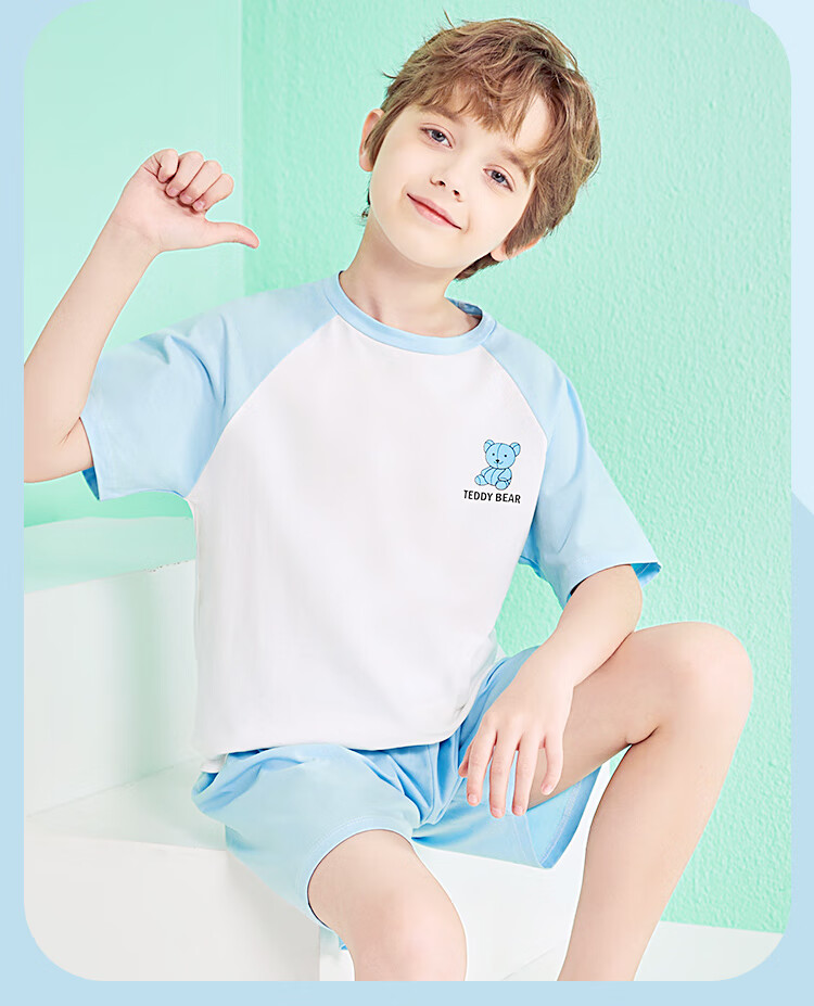 LangSha Children's Pajamas for Boys, Summer Thin Breathable Pure Cotton Home Wear, Middle School Student Raglan Sleeve Short-Sleeve Set, Size 160 7