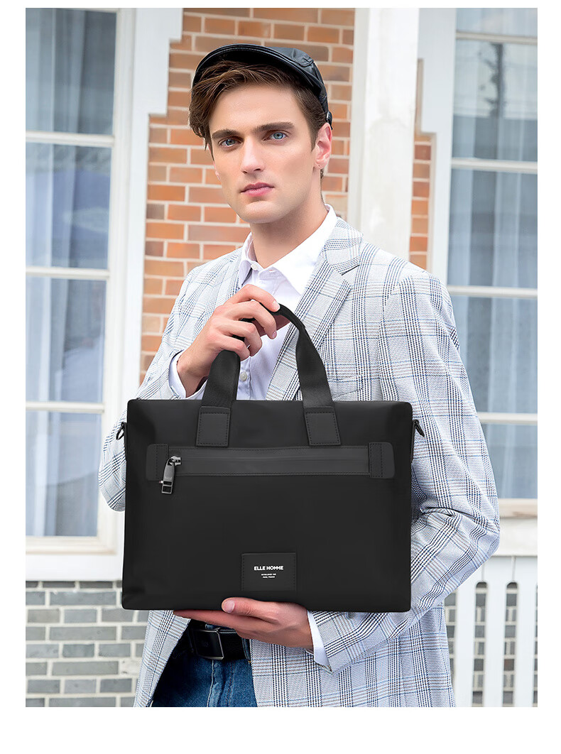ELLE HOMME Business Men's Briefcase, Nylon Canvas Shoulder Crossbody Bag, Handheld Laptop Bag for Men, 06810 Black 6