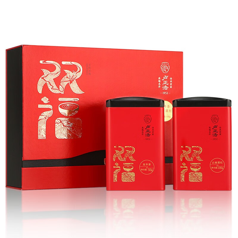 卢正浩 茶叶绿茶 明前特级龙井茶滇红茶叶礼盒装春茶（双福礼盒 5201005）150g