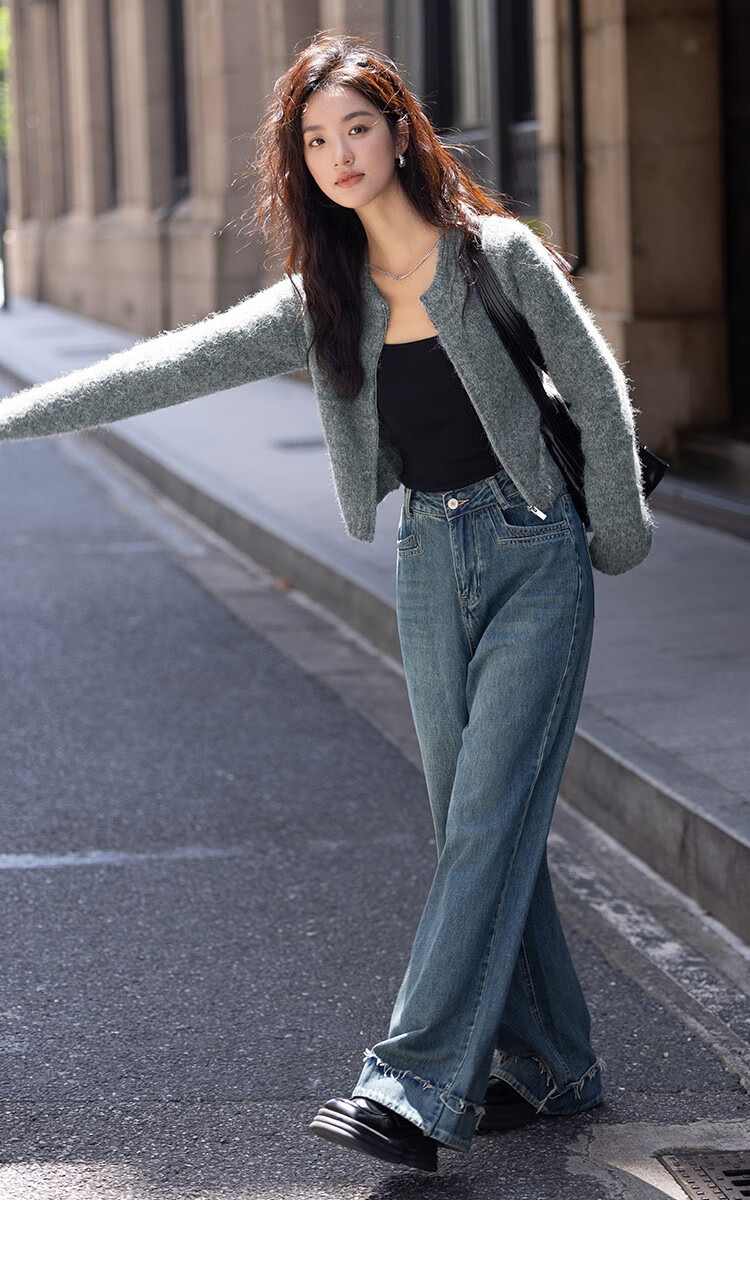 Dme [Gray Plush Knit Jacket] Autumn Round Neck Opening Placket Zipper Design Long-Sleeve Knit Sweater, Gray, S 9