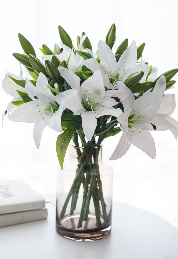 SUGER LOVE Nordic Style Multi-Head Lily Artificial Flower Bouquet, Living Room Decoration, Textured Silk Flowers, Fake Plants, Plastic Flowers 10