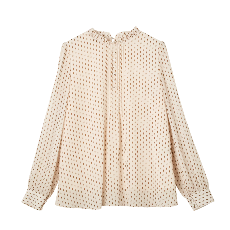 Dme [Dotted Puff Sleeve Blouse], Spring And Autumn Stand-Collar Fitted Long-Sleeve Commuter Shirt, Women's Top