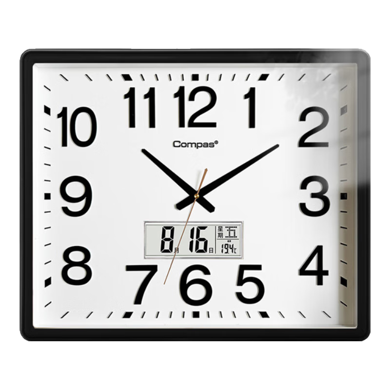 Compas Wall Clock Silent Quartz Living Room Classroom Wall Clock 3443A Calendar Black 52cm