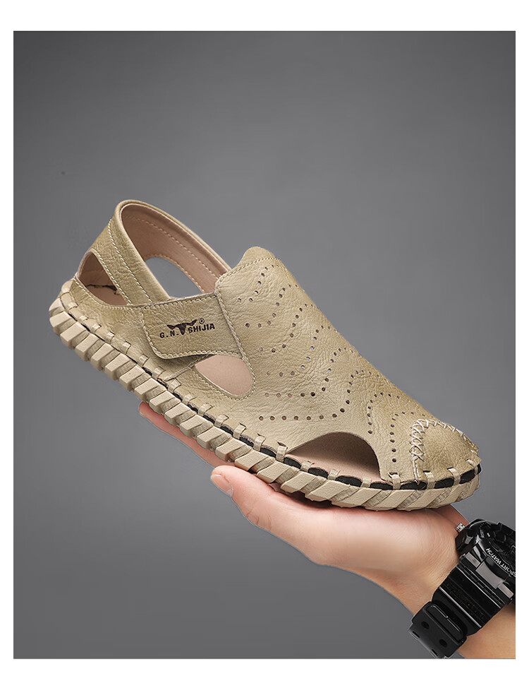 Bull Family Leather Sandals Summer Beach Shoes Men's Driving Outdoor Casual Trendy Soft Leather Soft Sole Handmade Hole Sandals 16