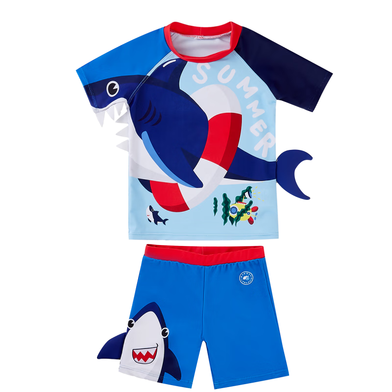 Lemonkid Children's Two-Piece Swimsuit Set for Boys And Girls, Baby Swimwear with Trunks, Sea Blue Funny Shark Design, Size 130