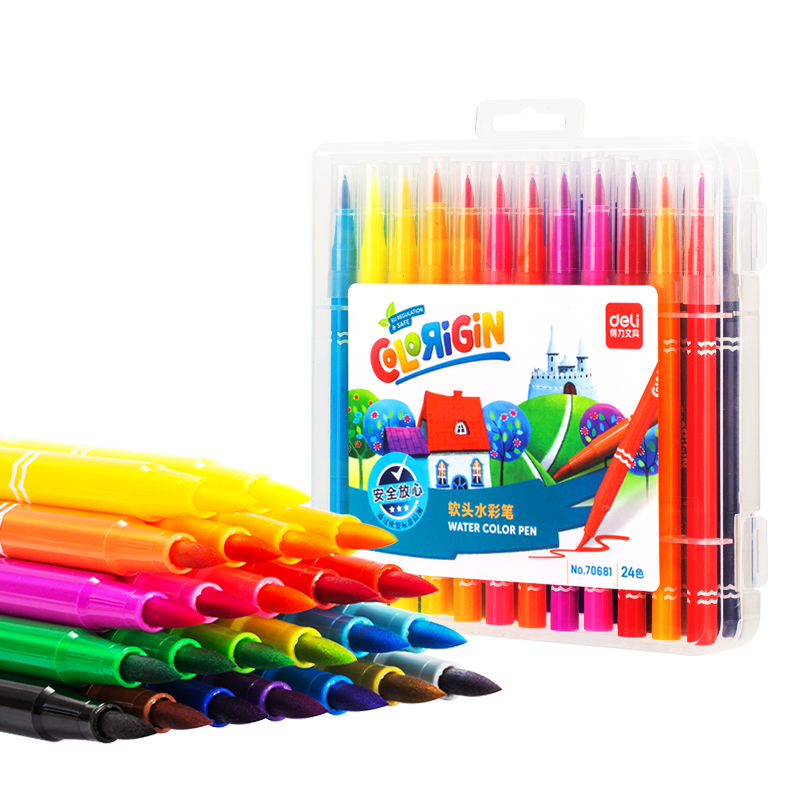 Deli [Back-To Stationery] 24-Color Soft-Tip Watercolor Pens for Outlining, Manga Illustration, Coloring, Student And Children's Drawing, Art Watercolor Pens, Back-To Gift for Boys And Girls