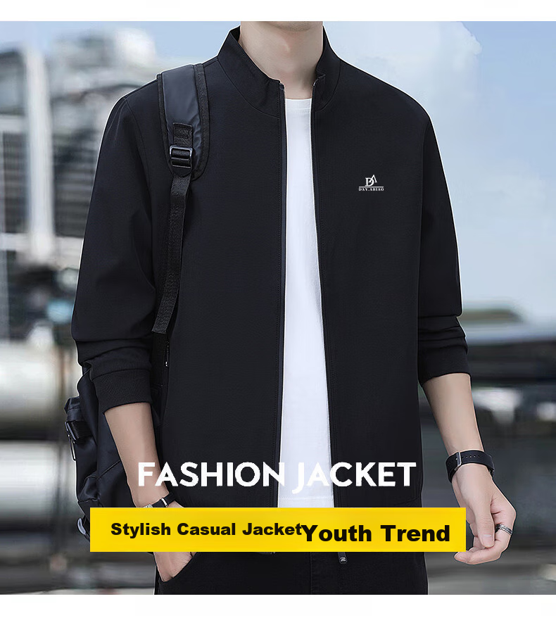 ROMON Jacket for Men, Autumn Outerwear, Stand-Up Collar Executive Jacket, Casual Versatile Loose-Fitting Menswear JK0302 Black L 7
