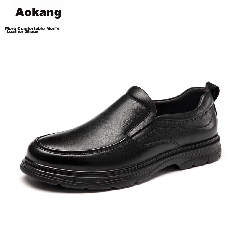 Aokang Men's Slip-On Business Casual Leather Shoes, Cowhide Soft Sole Loafers, Black, Size 41
