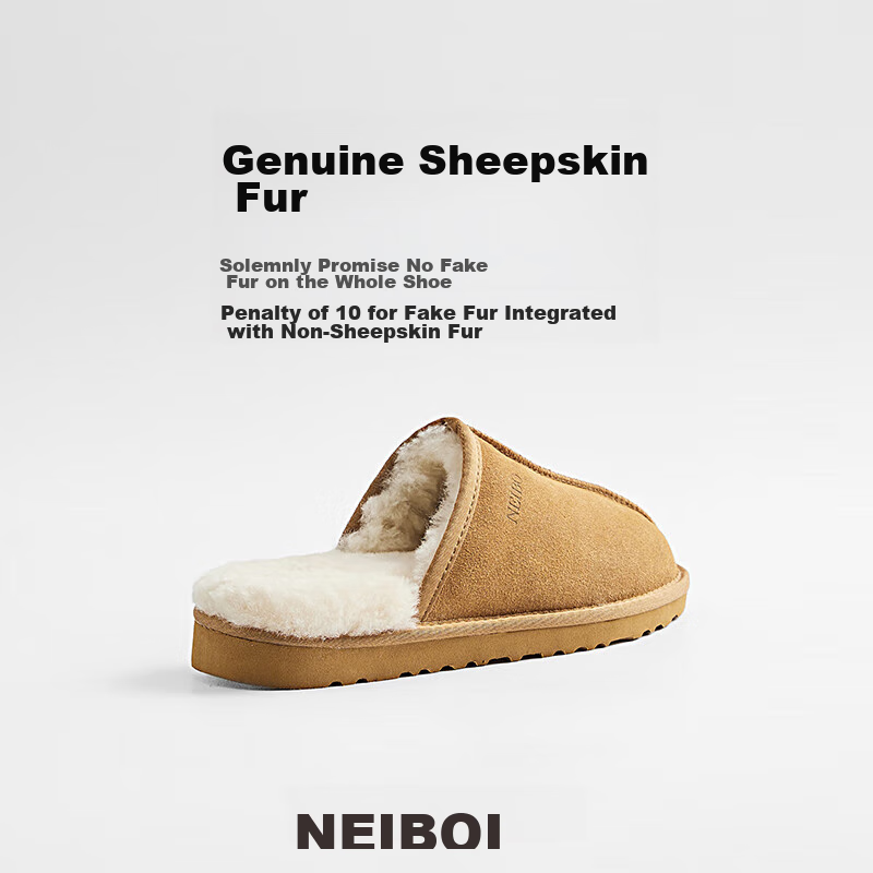 NEIBO [Cold-Proof And Warm] Sheepskin All-In Slippers for Men, Winter Indoor And Outdoor Wear, High-Quality Latex, Odor-Free, Chestnut Color, Size 43