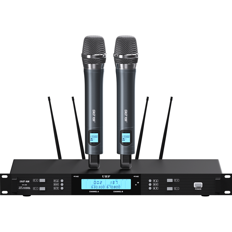 SAST OK-103 True Diversity Wireless Microphone System with Two Mics for Stage Performance, KTV Singing, Anti-Howling, Long-Range UHF for Weddings, Capacitor Microphones for School Ceremonies