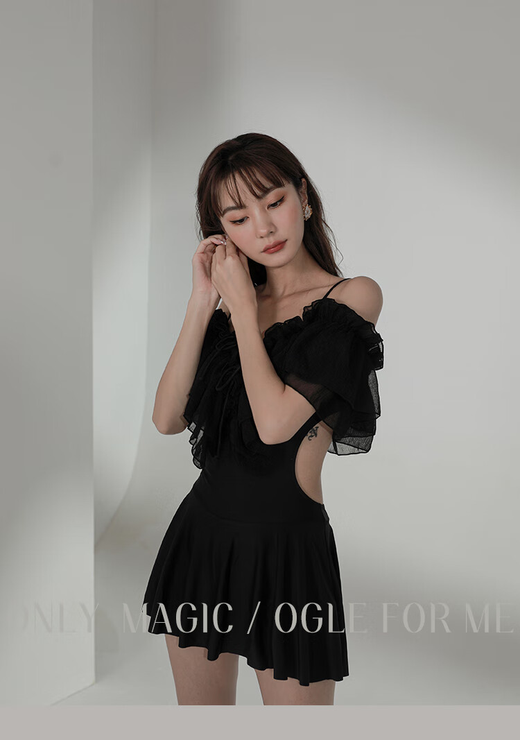 OMOM Swimsuit for Women, Slimming Tummy-Covering Skirted One-Piece, Korean Ins Style, Conservative for Teenage Girls, Suitable for Students, Hot Spring Bathing Suit, Black, Size L 1