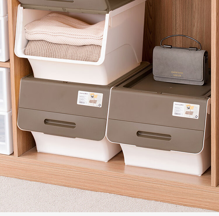 CHAHUA Plastic Clothes Storage Box, 34L, Coffee Color, Set of 3, Slanted Opening with Lid, Closet Organizer Box 8