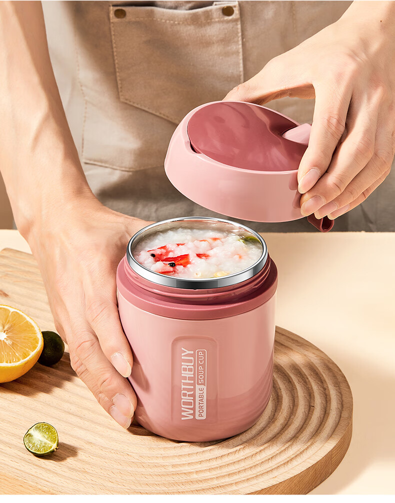 WORTHBUY Breakfast Milk Cup with Lid And Spoon, Portable Stainless Steel Soup Cup Insulated Water Bottle, Beige, 480ML 2