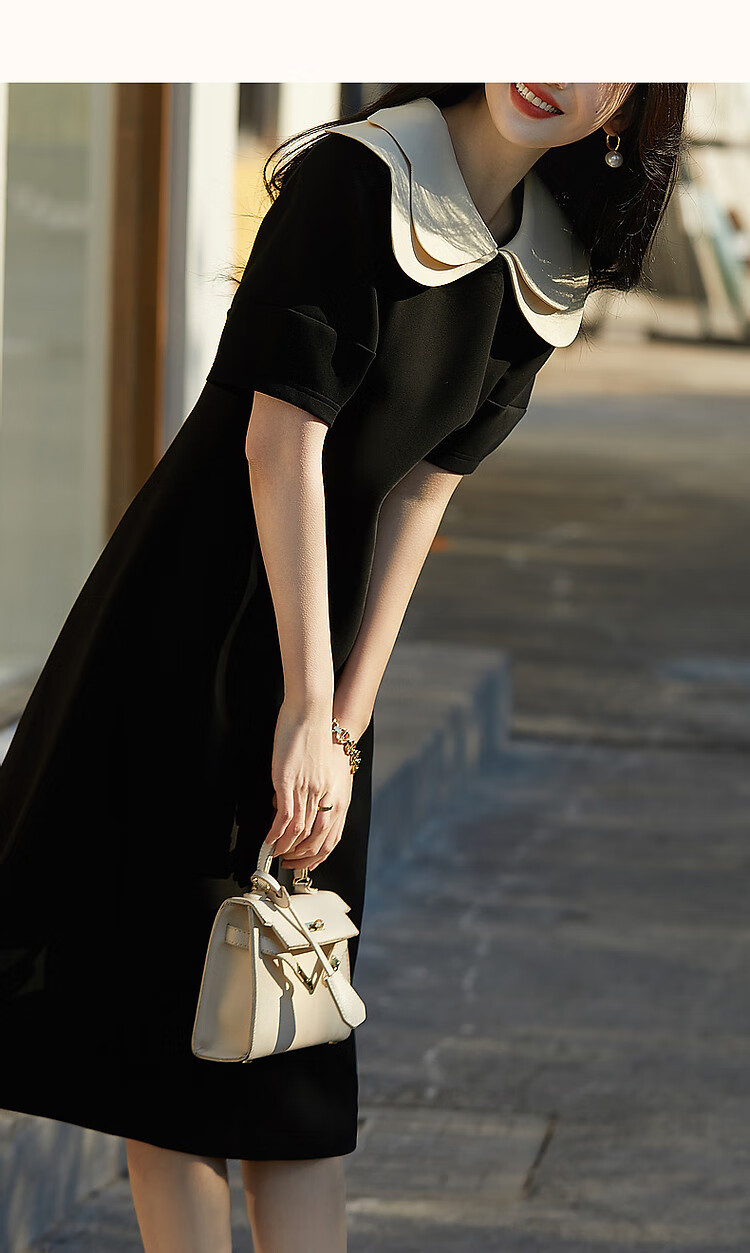 Dme [Young Noble] Spring and Autumn French Petal Collar Little Black Dress 350G Air Layer Contrast Color Dress for Wome 21