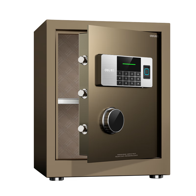 Deli Home Safe Box with Fingerprint Lock, 45cm Yao Zhen Model, Full Steel Construction, Anti-Theft And Tamper-Proof, Can Be Used As Bedside Table, AE620 Gold Color