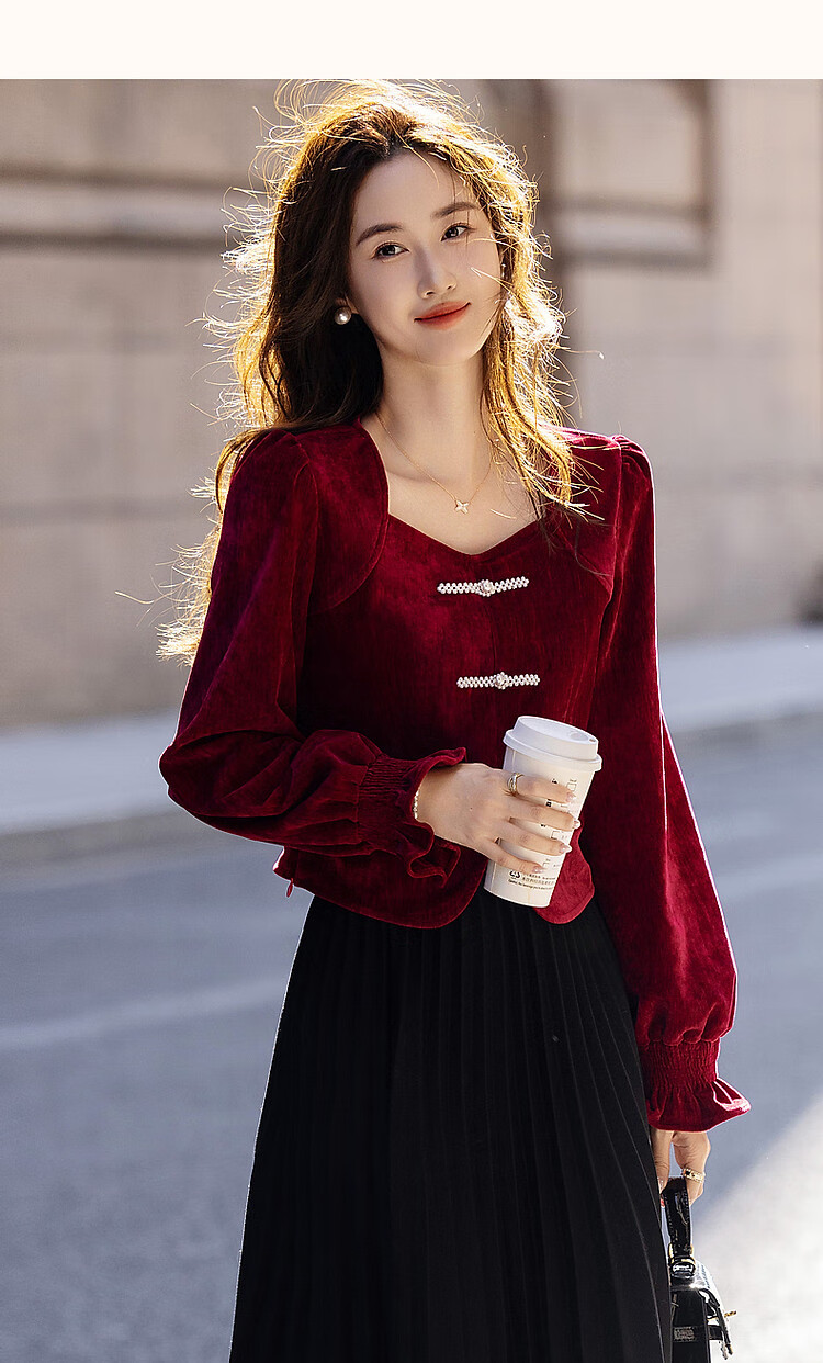 Dme [Xuoxing Wan Yue] Spring And Autumn Style New Chinese-Style Square Collar Shirt with Pearl Buttons, Velvet Blouse Women's Top 18