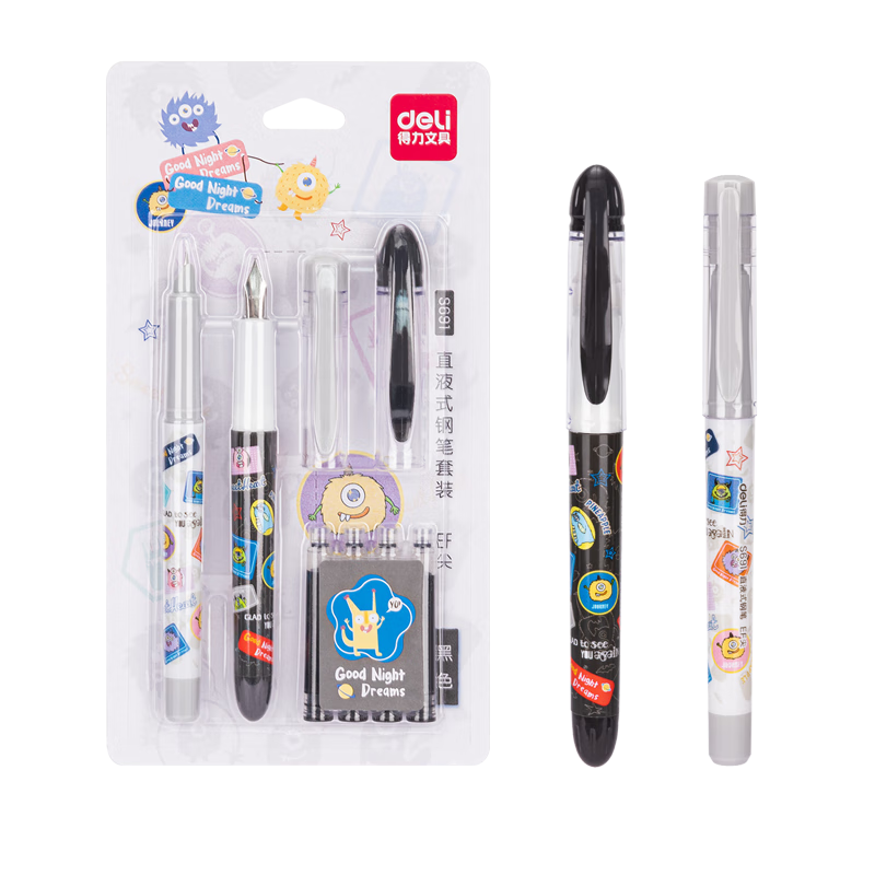Deli Student Fountain Pen with Replaceable EF Nib, Ergonomic Design for Handwriting Practice, Office Signature Pen, 1 Fine Nib + 1 Extra Fine Nib + 4 Ink Cartridges in Black, S691 EF Nib (Approximately 0.38mm)