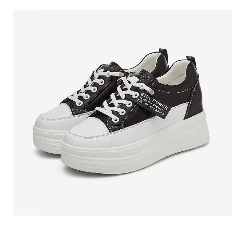DAPHNE Women's White Leather Versatile Thick-Soled Casual Sneakers with Hidden Heel, Style 4623101013, Black, Size 34 16