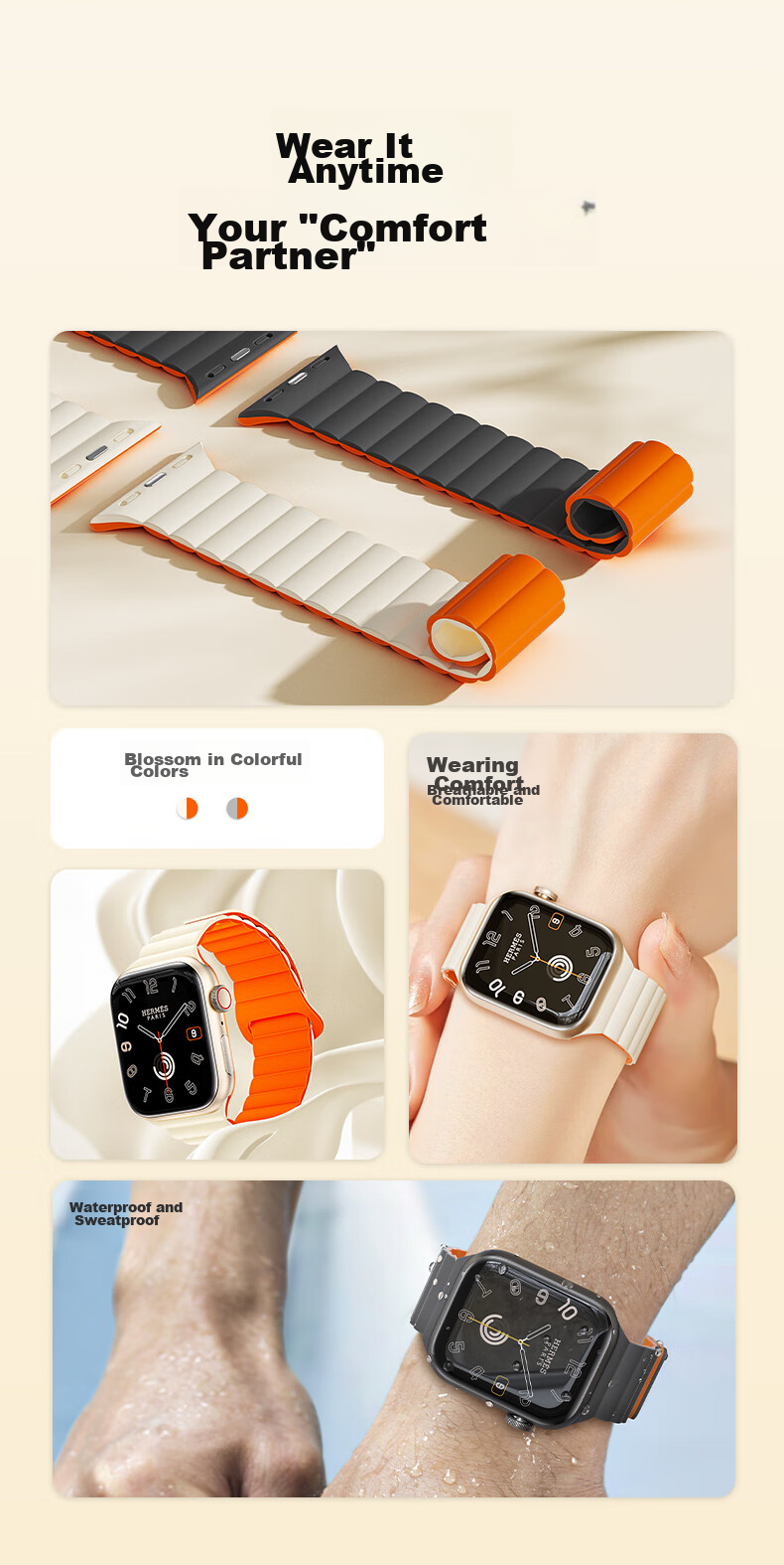 CangHua Compatible with Apple Watch S12 Band, Suitable for Apple Watch S11/S10 Silicone Magnetic Strap, IWatch S9/SE3/Ultra4/3 Loop Sports Band, Starlight with Orange 4