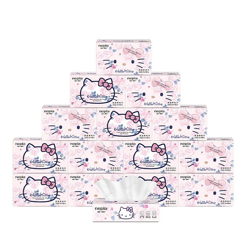 Nepia HelloKitty Moisturizing Tissues, 3-Ply, 100 Sheets * 15 Packs, Full Box, Cream Paper, IP Collaboration, Suitable for Sensitive Nose