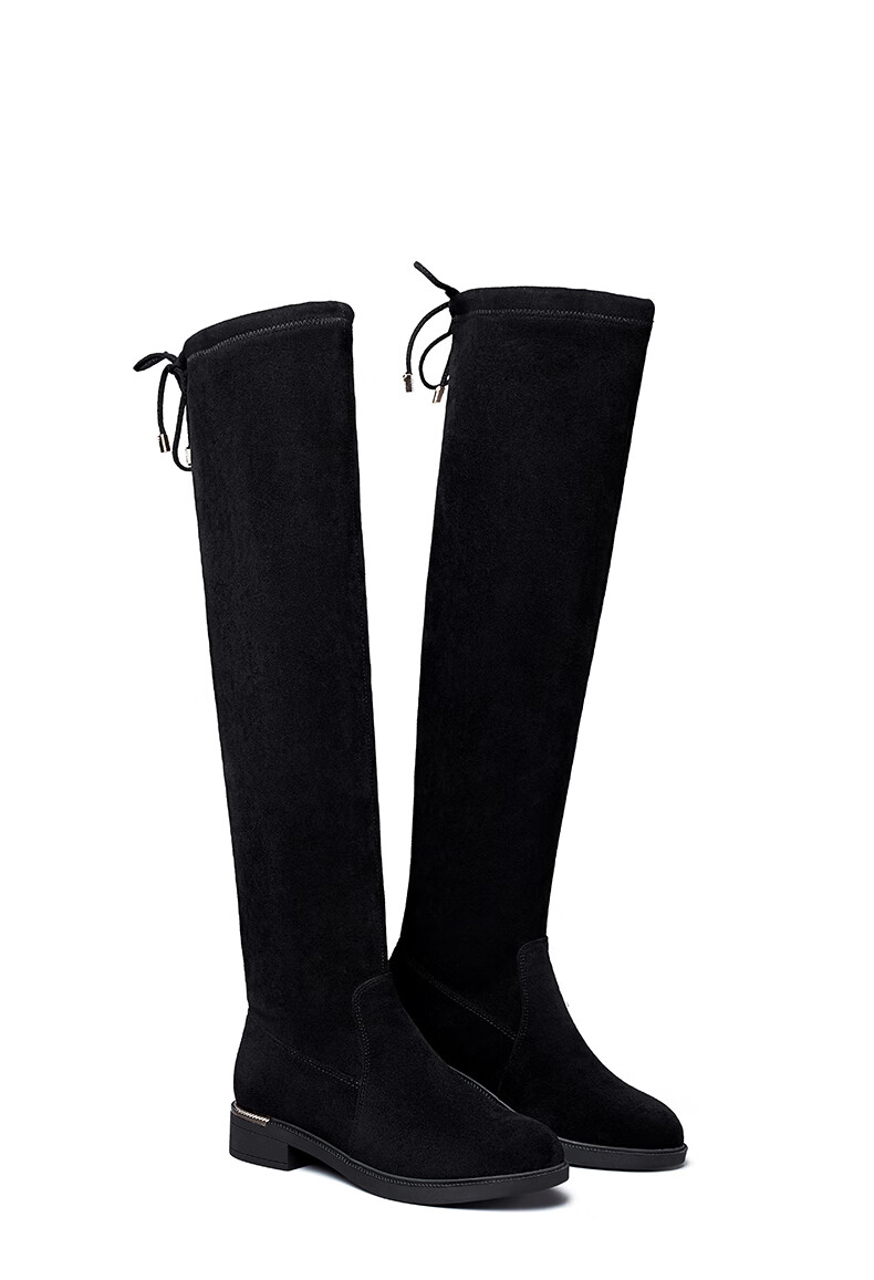 女鞋时尚过膝长靴女粗跟圆头高筒靴女加绒保暖女靴 9762zf49282w 黑色
