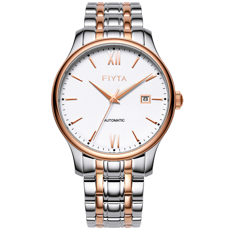 FIYTA Men's Watch, Classic Automatic Mechanical Calendar White Dial with Gold Steel Strap, Holiday Gift for Me