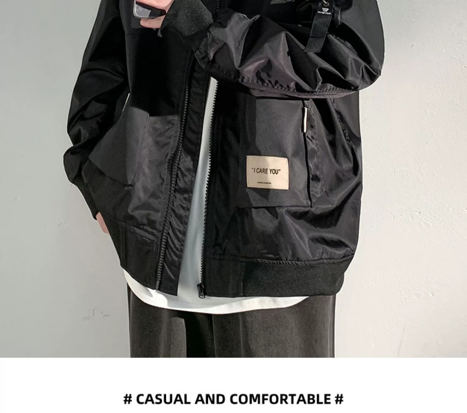 Dingfengbaoluo Outdoor Hiking Windbreaker Jacket for Men, Spring Loose Fit Windproof Casual Coat MYY740 Black Size M 25