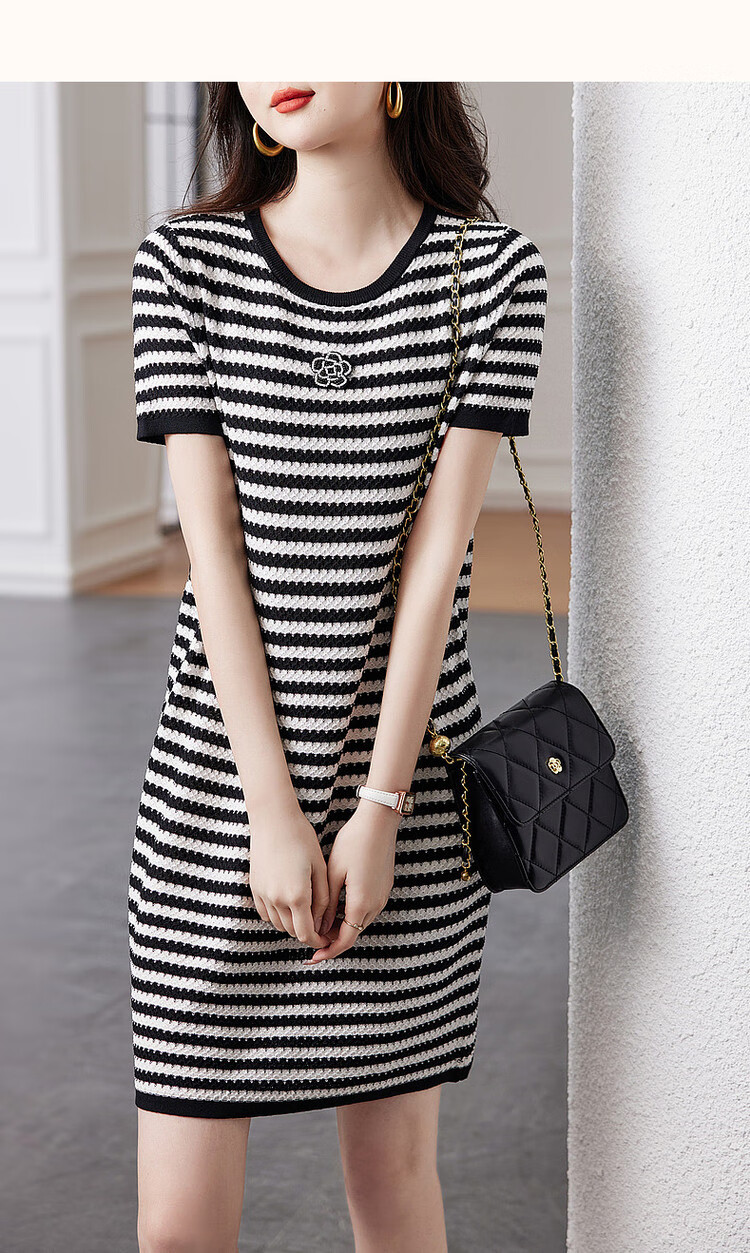 Dme [Ice Silk Dress], Summer Pullover Slightly Stretchy Contrasting Color Knitted Short-Sleeve Dress 17