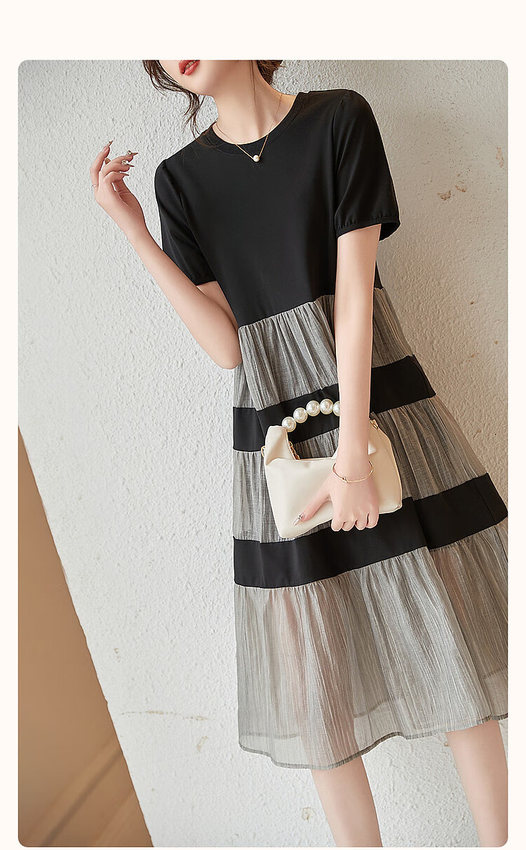 Dme [Sophisticated Sister Dress] Summer Commute Round Neck Roman Cotton Petite Umbrella Skirt Knitted Dress Women's Mid-Length 2