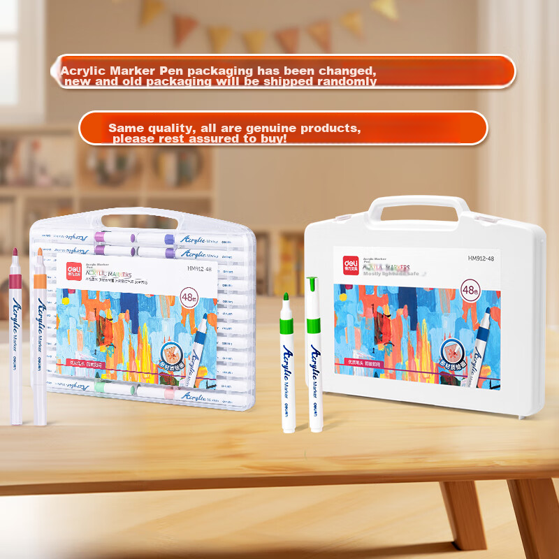 Deli 48-Color Children's Student Water-Based Acrylic Markers in PP Box, Watercolor Pens, Birthday Gift, Waterproof Hand-Drawing, Guka Fluorescent Markers, New Year's Doodle, Art Education Graduation Gift
