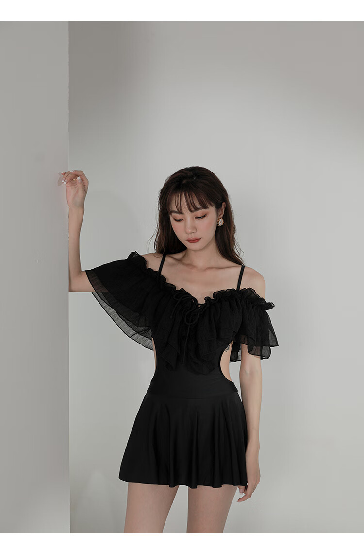 OMOM Swimsuit for Women, Slimming Tummy-Covering Skirted One-Piece, Korean Ins Style, Conservative for Teenage Girls, Suitable for Students, Hot Spring Bathing Suit, Black, Size L 12