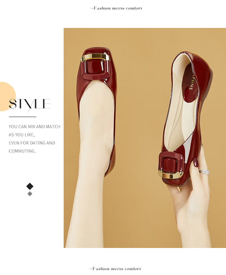 DAPHNE French Shallow Women's Flat Shoes, Red Elegant Loafers with Square Buckle, Style 4623101054, Red, Size 35 15