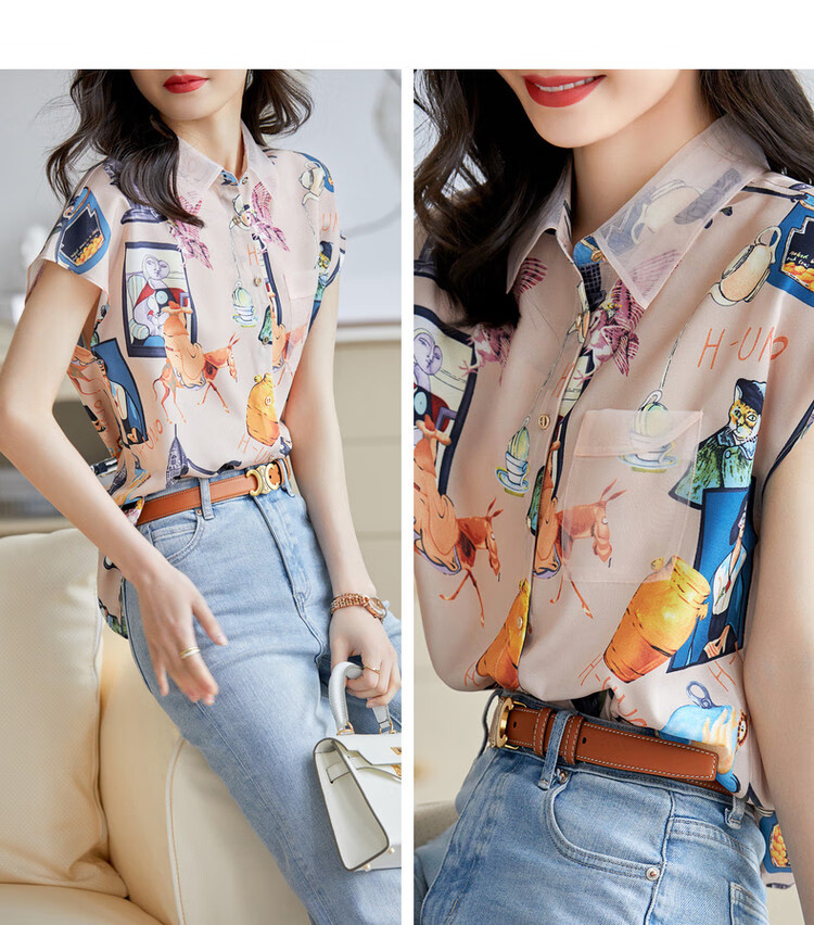 Dme [Abstract Printed And Dyed Blouse], Summer Turndown Collar Pocket Patchwork Organdy Shirt, Women's Top 14