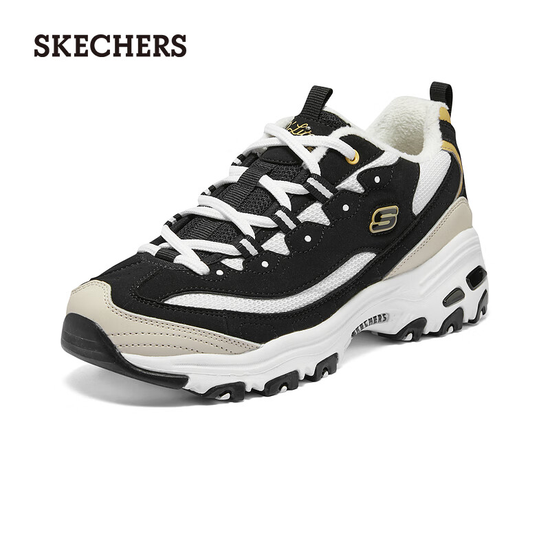 Skechers Black, White And Gold Fleece-Lined Dad Shoes for Women, Thick-Soled Height-Increasing Versatile Comfortable Warm Sneakers 896268