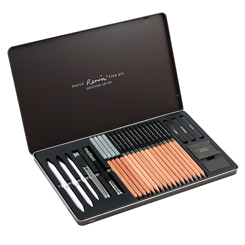 MARCO Sketching Set in Metal Box with Pencils And Charcoal Sticks, 27-Piece Professional Art Kit HB/2B/3B/4B/5B/6B/7B/8B Drawing Tools for Art Exams And Sketching