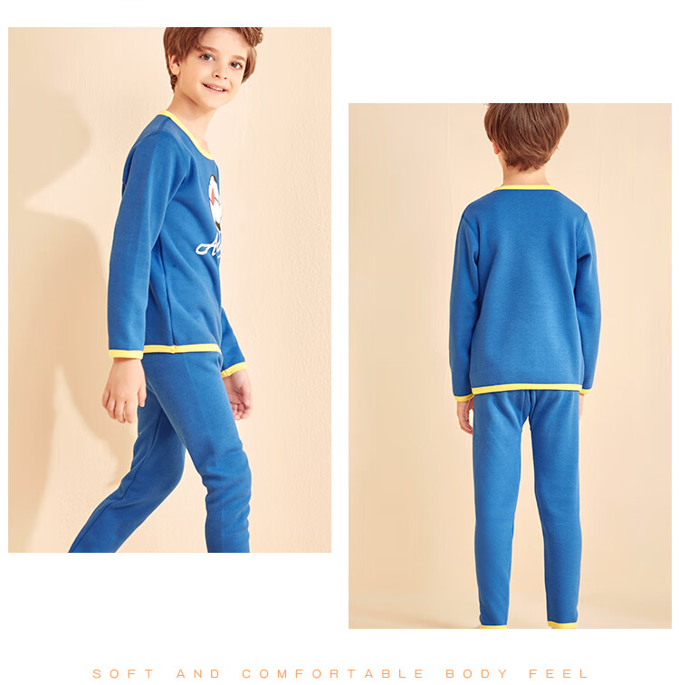 Nanjiren Kids Thermal Underwear Set Boys Autumn Winter School Uniform Fleece Cotton Base Layer Pajamas Royal Blue 110 13