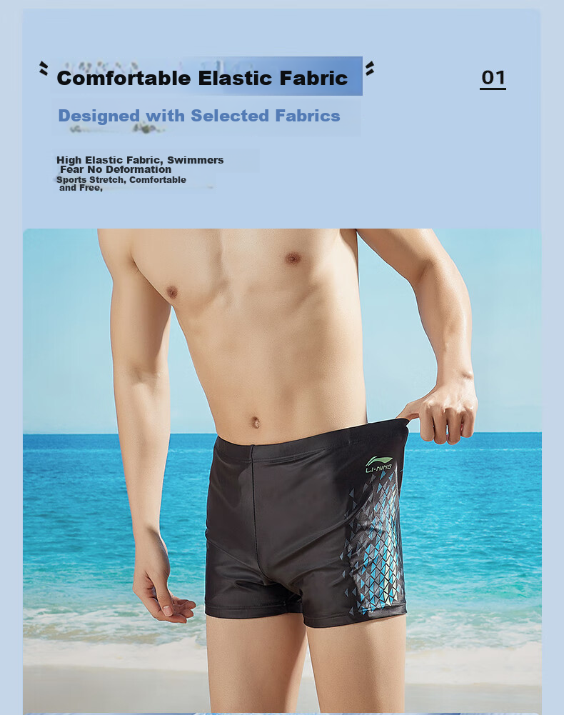 Li-Ning Men's Loose Swimming Trunks, High-Quality Hot Spring Boxer Swimwear, Single Piece 123, Black, 2XL 4