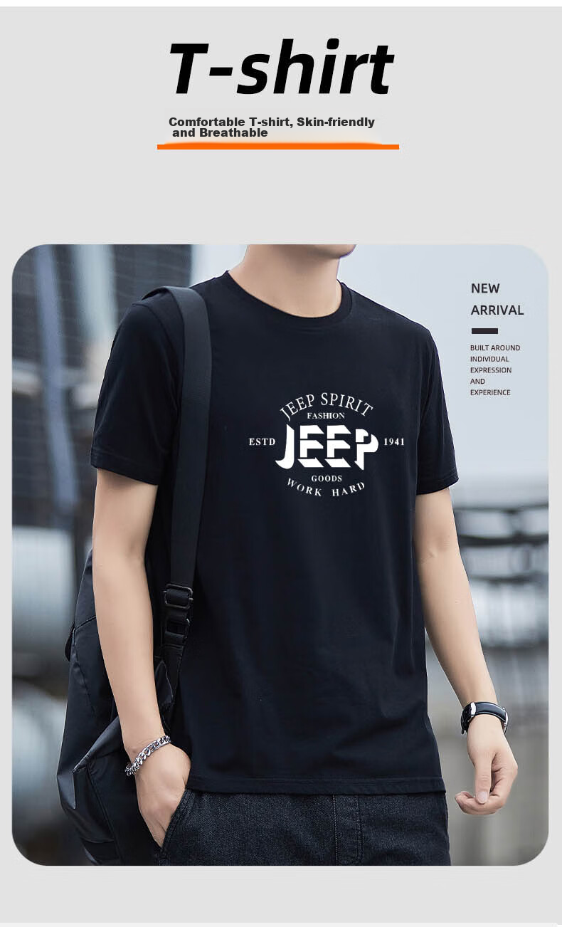 JEEP SPIRIT Men's Short-Sleeve T-Shirt, Summer Half-Sleeve Top, Pure Cotton Sports Round Neck Casual Trendy, Black, L 4