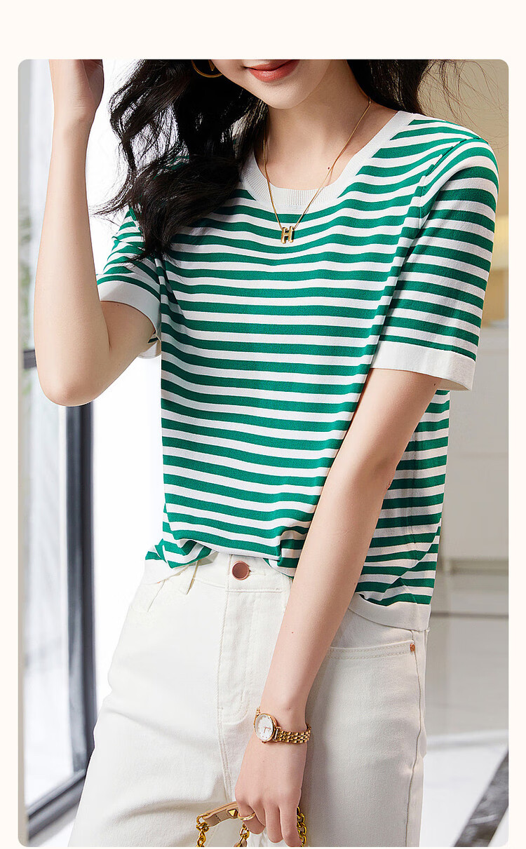 Dme [Hyperbolic Ice Linen Sweater] Summer Round Neck Short Sleeve Striped Knit Top for Wome 2