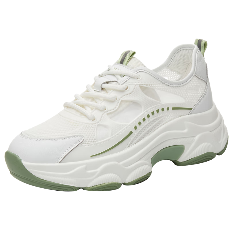 DAPHNE Women's Versatile Sports Casual Shoes, Breathable Mesh Upper, Lightweight Comfortable Thick-Soled Dad Sneakers, White And Green, Size 37